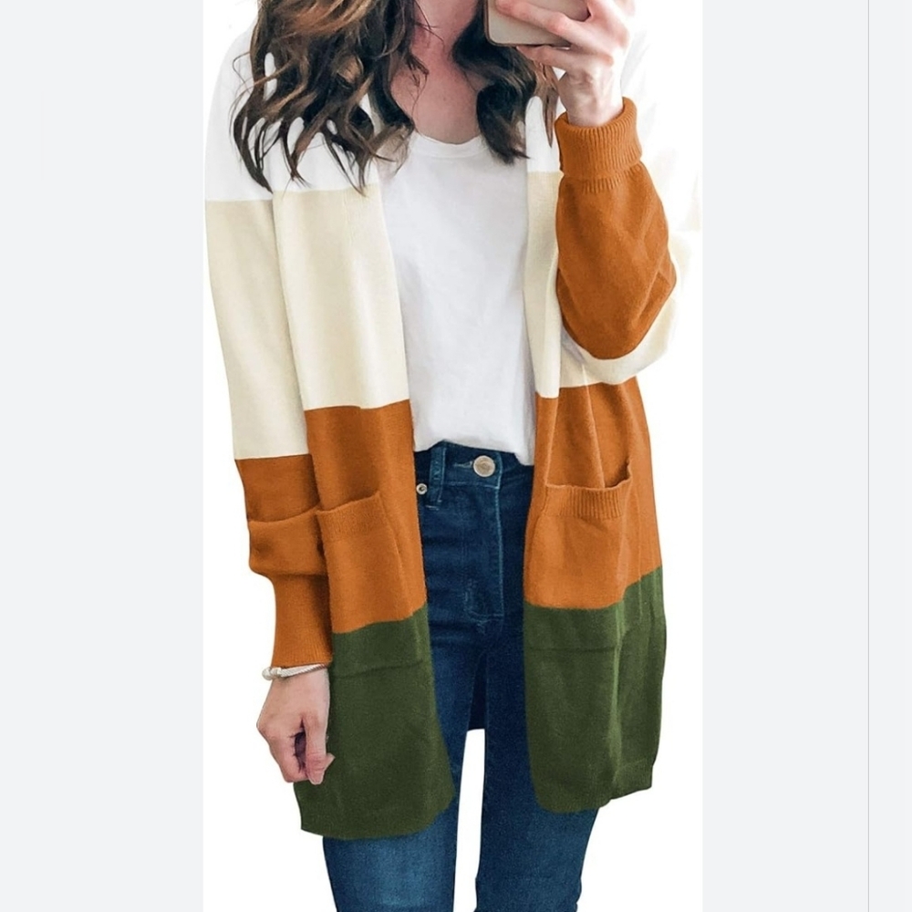 Tasamo Womens M Colorblock Knit Cardigan Sweater Earth Tone 2 Pocket Longline